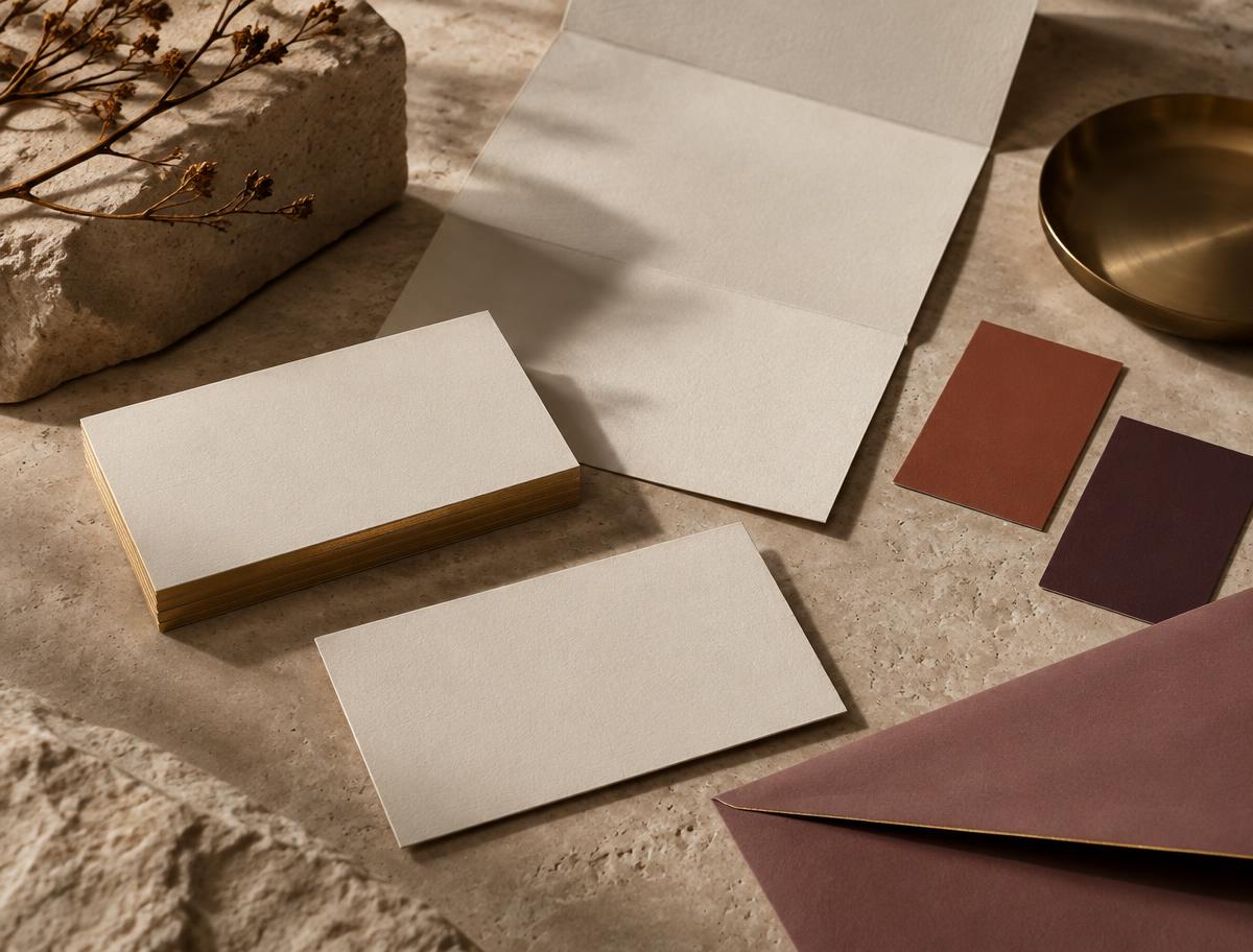 Blank stationery cards, folded paper and colour chips arranged on a stone surface