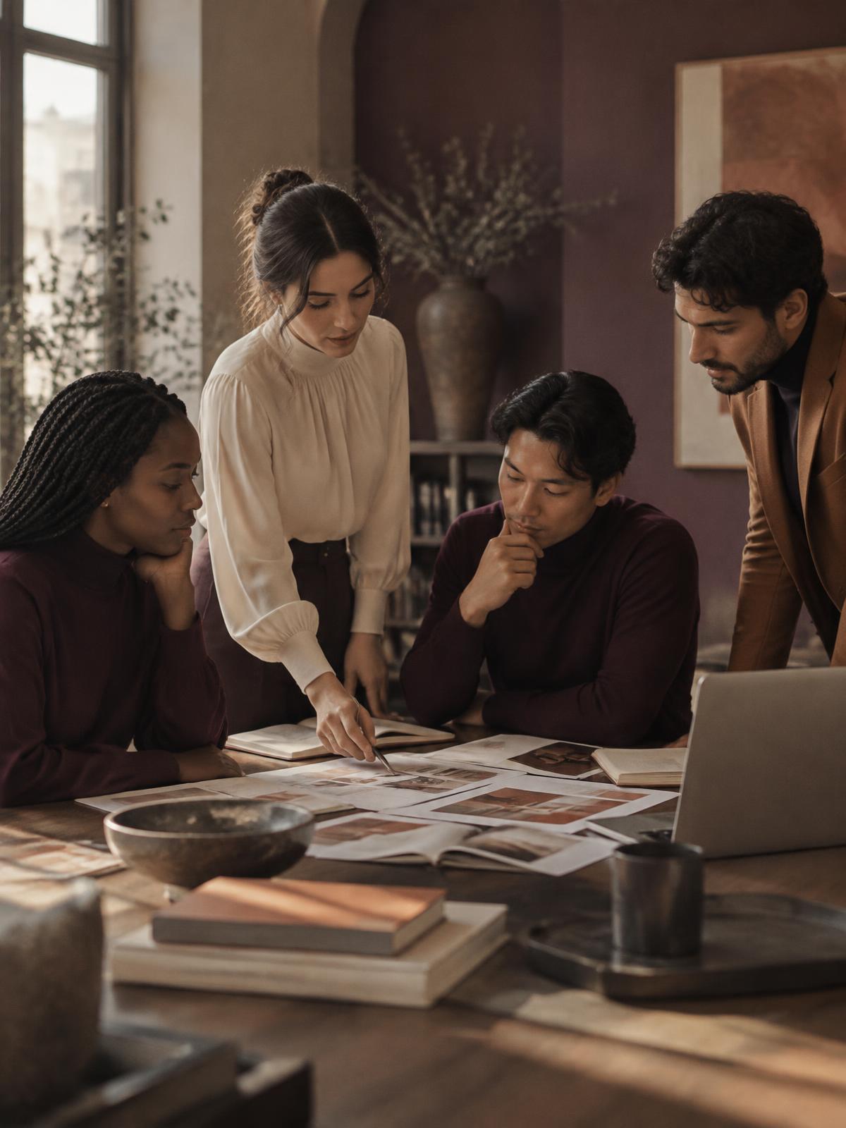 Professionals reviewing printed materials together during a strategy session