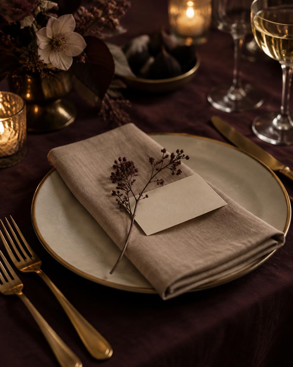 Detail of an elegant table setting with linen, a place card and a dried floral stem