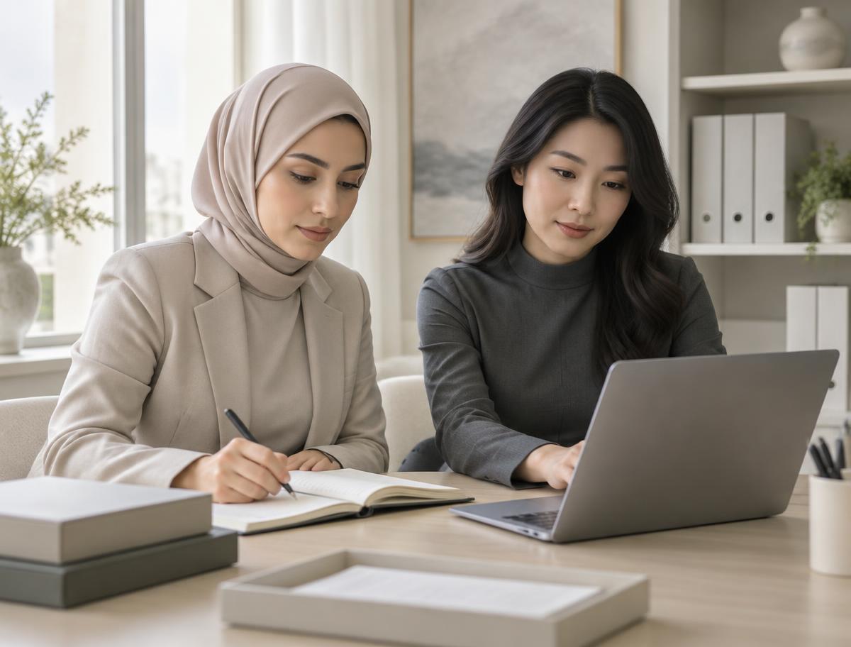 Two professionals organizing documents and working at a laptop in a bright office