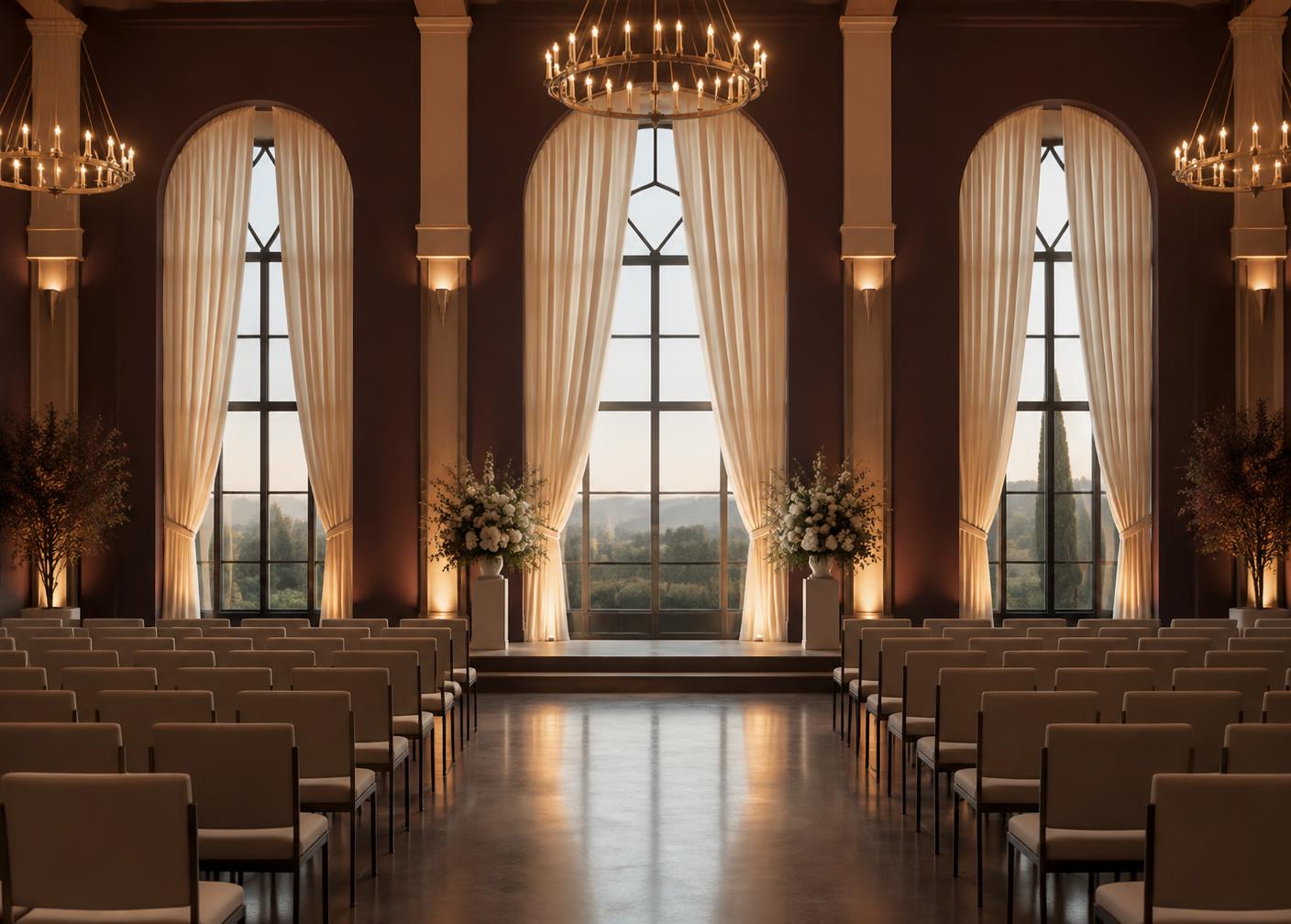 An empty event hall with arched windows, ivory drapery and seated rows before guests arrive