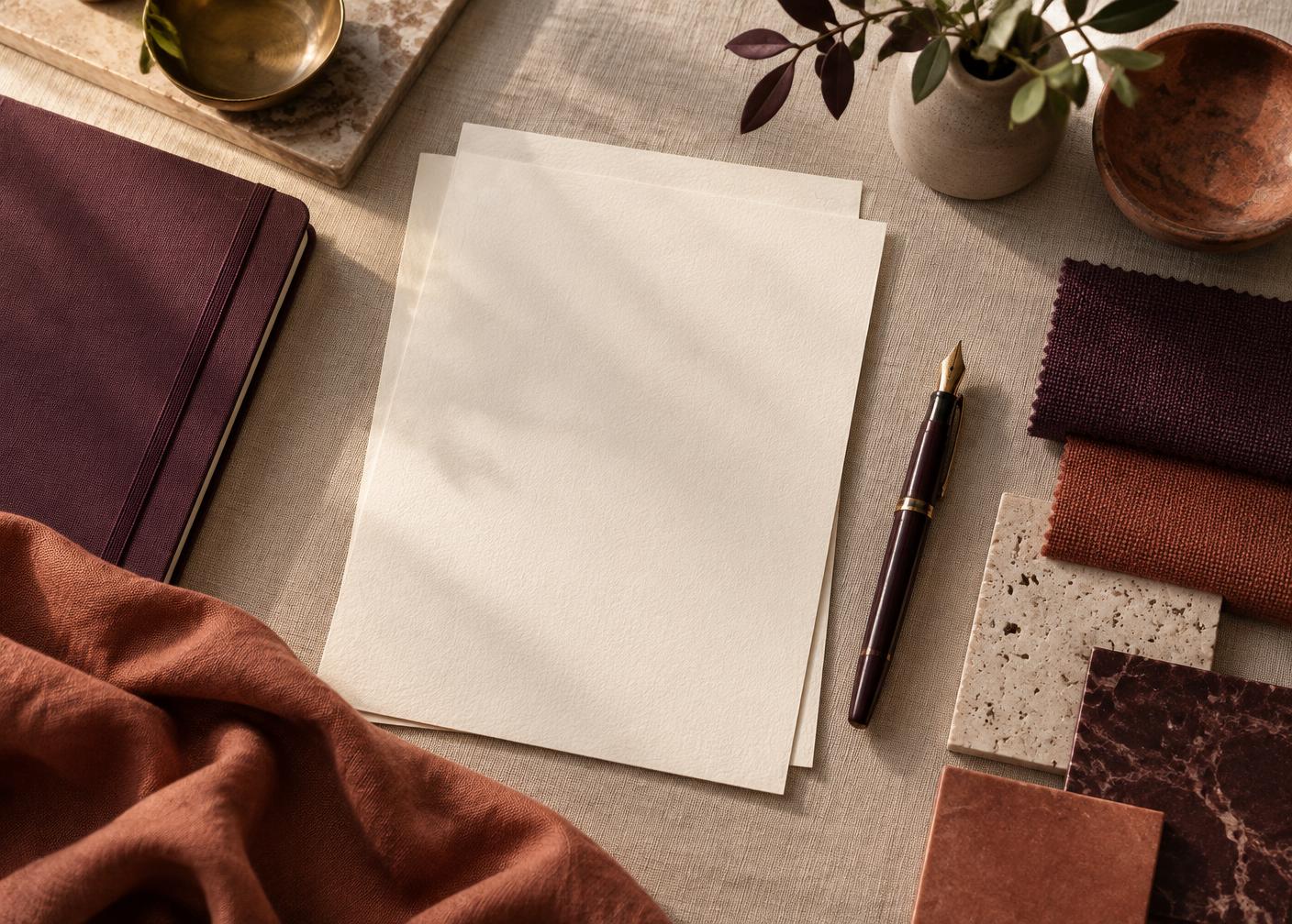 Overhead view of a workspace with blank paper, a pen and fabric and stone material samples